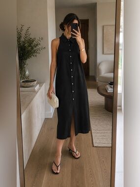 Theory Halter Neck Sleeveless Black Linen Blend A-Line Midi Shirt Dress Size M